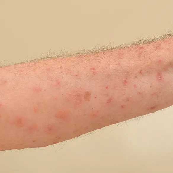 Ein Arm mit roten Punkten/Ausschlag. Die Person ist an Krätze (Skabies) erkrankt.